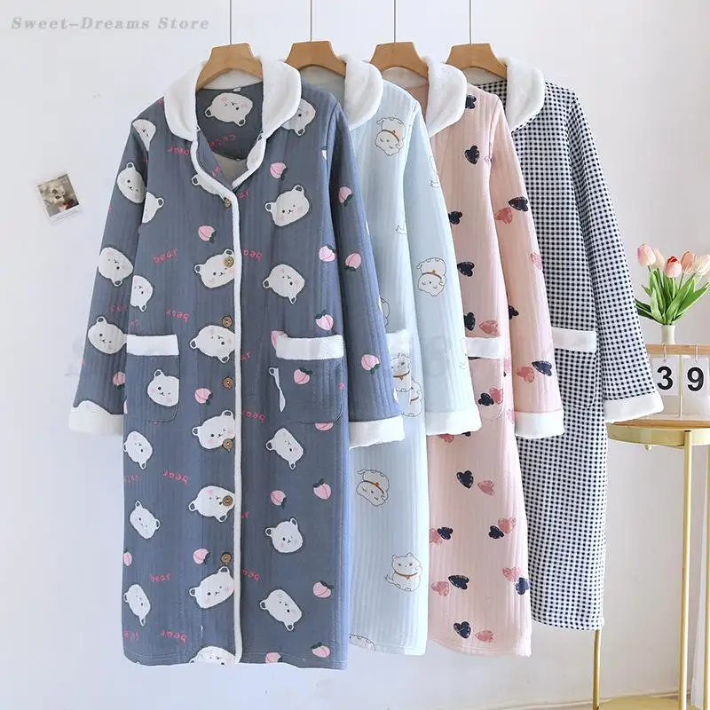 

Sweet Cartoon Nightgown Autumn Winter Thick Sleepwear Long Sleeved Cotton Nightdress Girls Cute Home Clothes Loose Loungewear