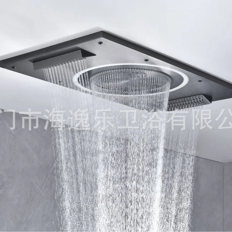 800*480mm Grey Thermostatic Shower Set High-end Luxury 5-function Rain Recessed Brass Shower Faucet Set Adjustable Water flow