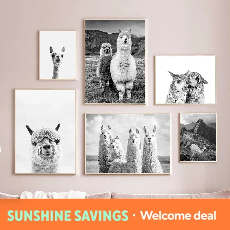 Alpaca Poster Canvas Art Painting Animal Prints Wall Art Nursery Decorative Picture Llama Black and White Wall Kids Room Deco