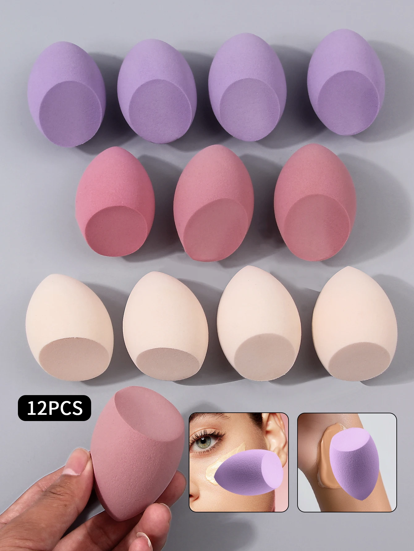 12개의 습식 및 건식 메이크업 스펀지는 부드럽고 가볍고 손에 쥐기 쉽습니다. 젖으면 크고 휴대성이 좋습니다.