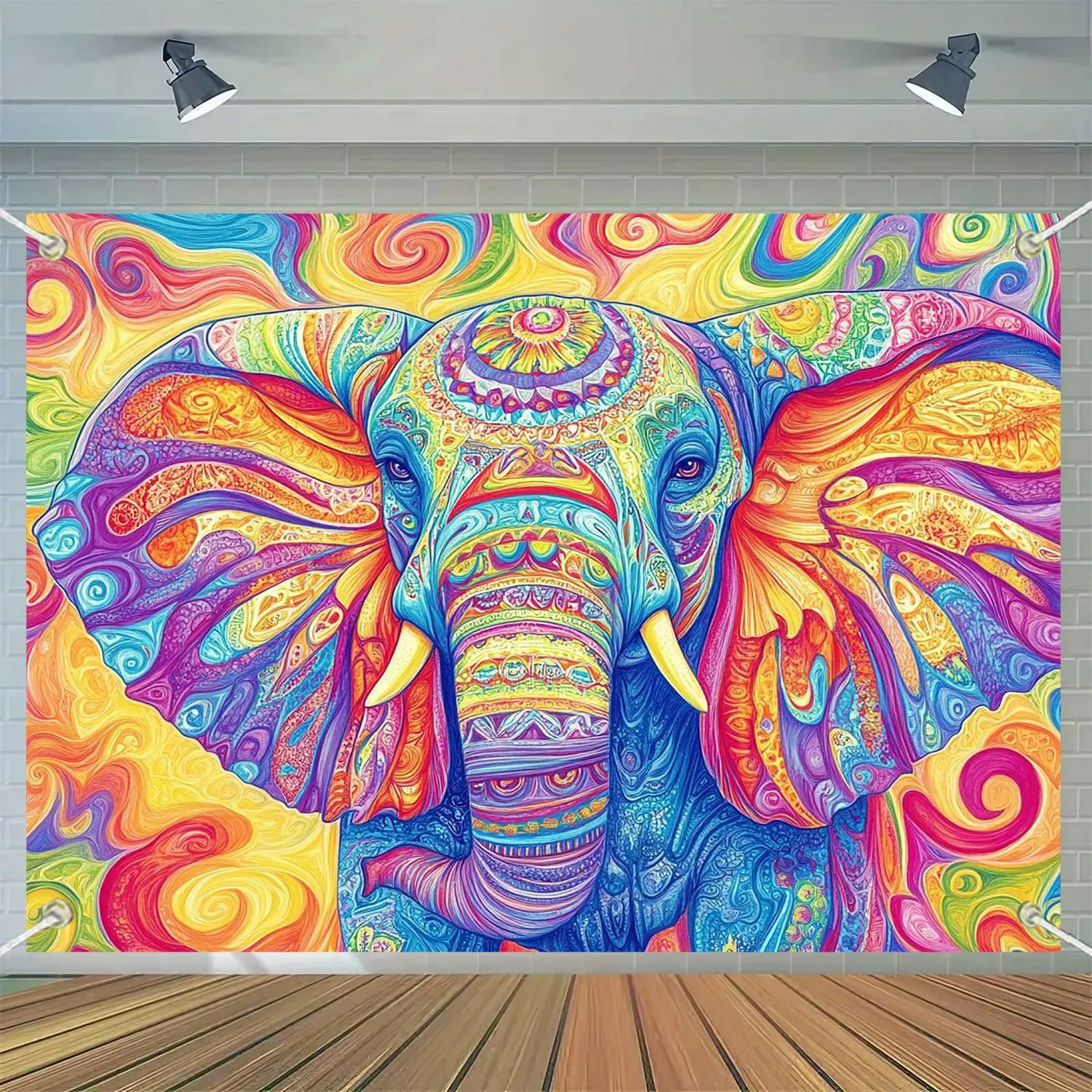 لافتة خلفية للحفلات الكرتونية على شكل فيل نابض بالحياة مثالية لعيد الميلاد مع اسهم زخرفية لأعياد الميلاد والعطلات