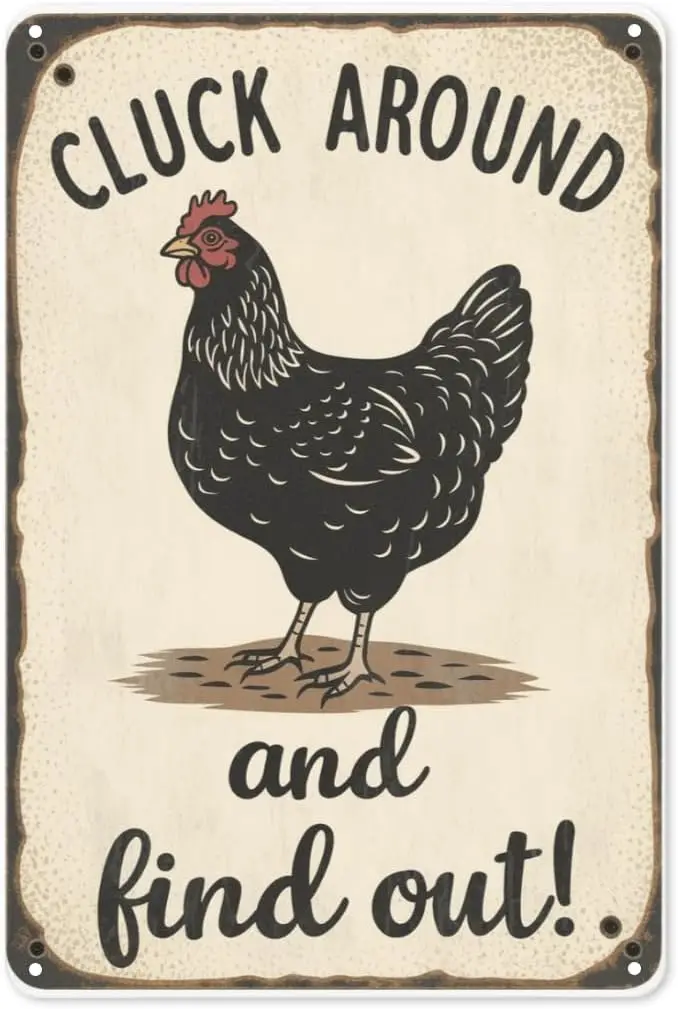 Chicken Warning Tin Sign  Cluck Around & Find Out Farmhouse Humor Wall Art for Coop, Kitchen Country Style Home Decor
