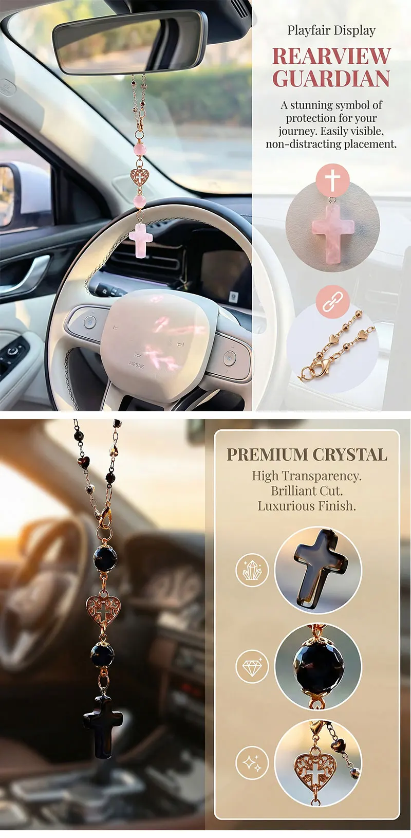 Close-up of the Christian cross charm and crystal beads