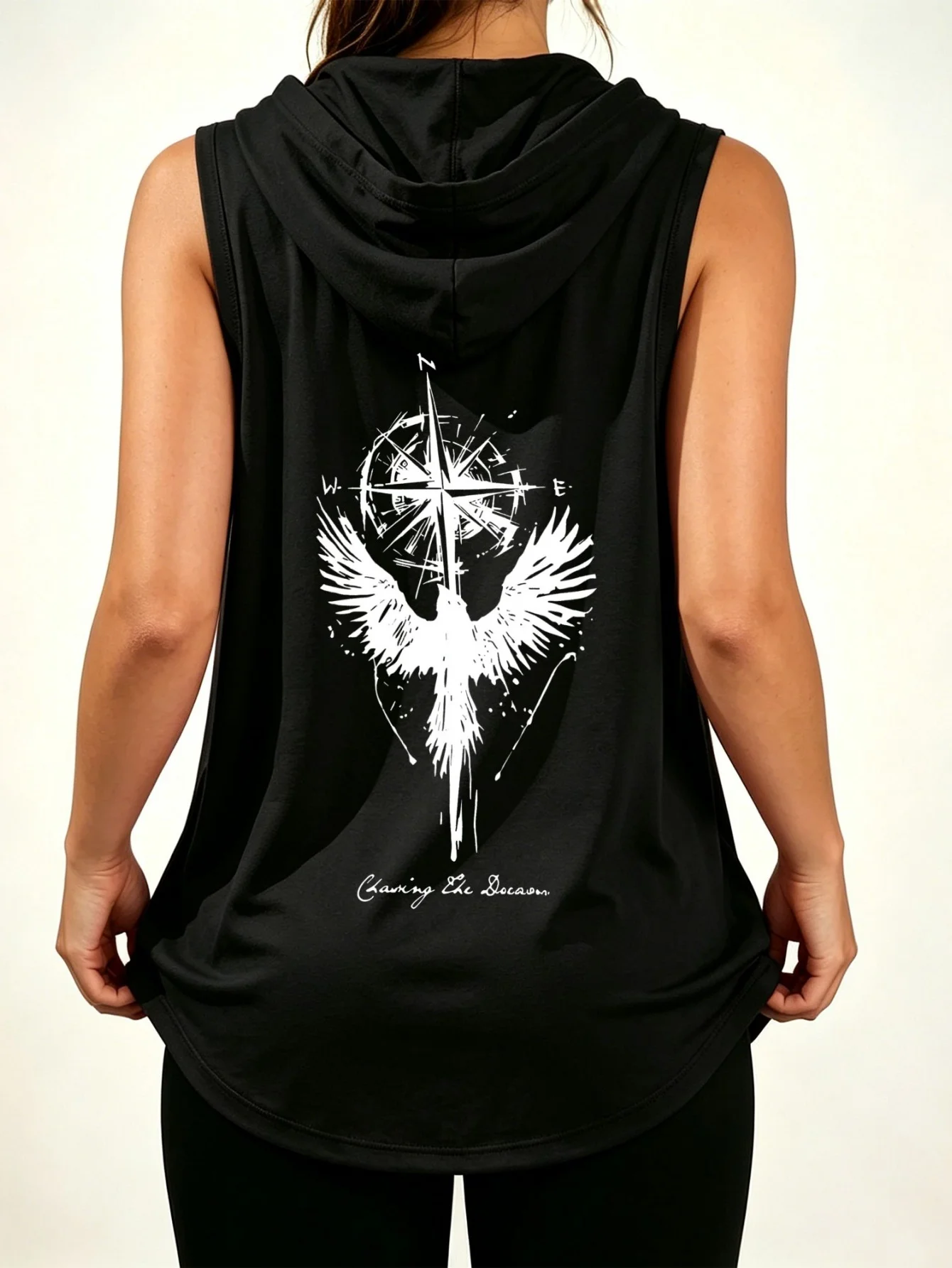 Unisex Phoenix Compass Back Print Sleeveless Hooded Tank Top Chasing The Season Letter Vintage Gothic Streetwear Hood Vest