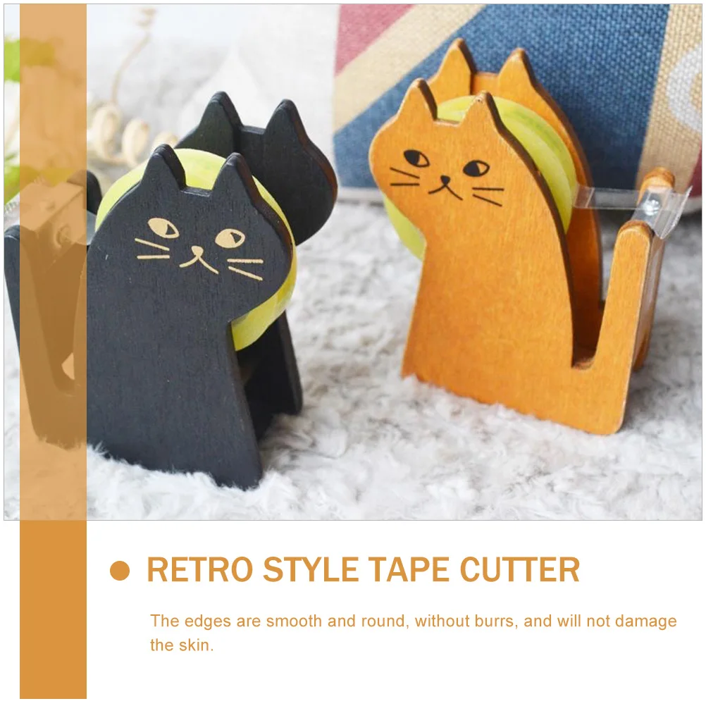 

Retro Wooden Tape Holder Brown Desk Cat Shaped Dispenser Adorable Washi Practical Office School Family Activities