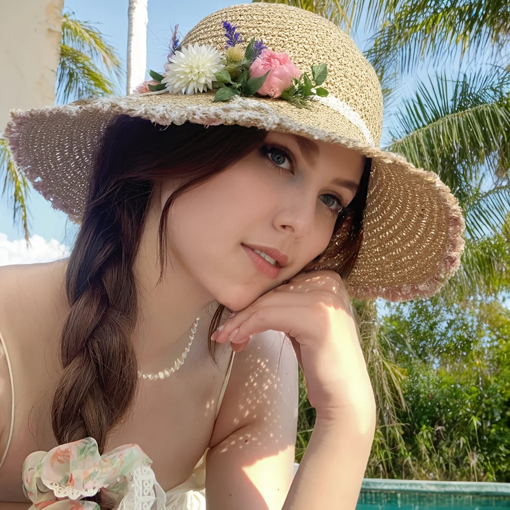 

Солнцезащитные шляпы для женщин Соломенная шляпа ручной работы - богемная шляпа от солнца на шнуровке с пляжной шляпой с вышитыми розами