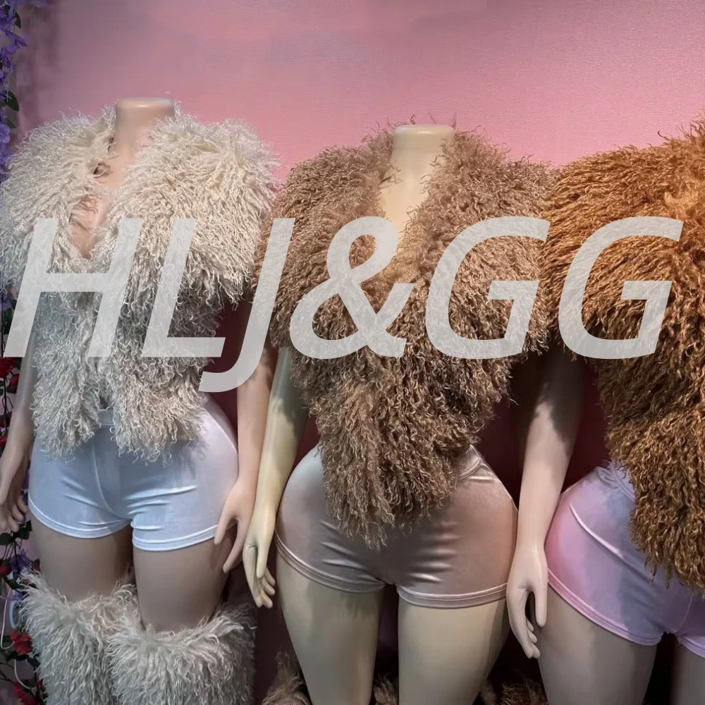 HLJ&GG Jesienno-zimowy futrzany bezrękawnik z bandażami, dwuczęściowy zestaw damski, top z dekoltem w serek i odkrytymi plecami oraz szorty, styl Y2K, streetwear