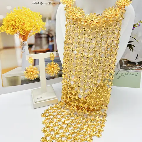 Trendy Necklace Tassel Earrings Set Luxury Gold Color Fashion Flower Chain Dubai Arabic Women Jewelry Set Jewelry Daily Party