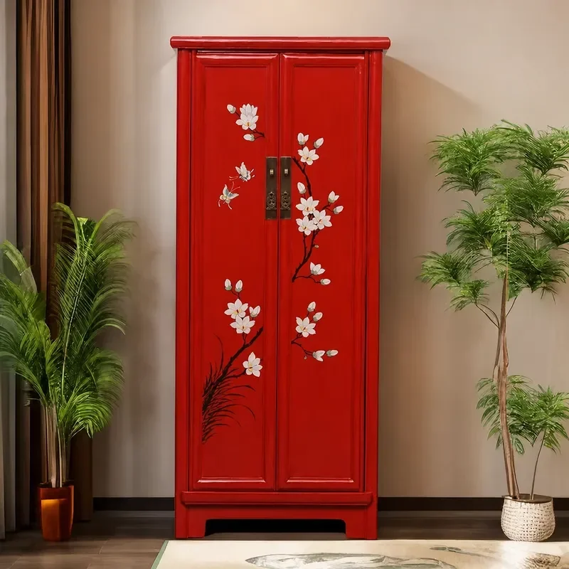 Chinese Antique Retro Solid Wood Integral Wardrobe Classical Painted Decorative Furniture Bedroom Storage High Cabinet
