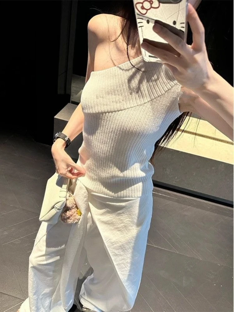 2026 Summer Luxury One Shoulder Sleeveless Knit Vest Women Slim Fit Off Shoulder Elegant Outerwear Streetwear Fashion Tops