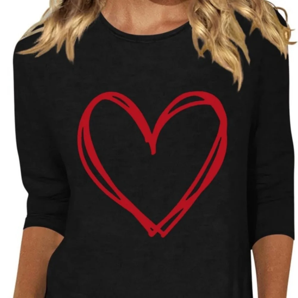 Woffccrd Womens 3_4 Sleeve Crew Neck T-Shirts Valentina's Day Spring Shirts Love Heart Printed Graph