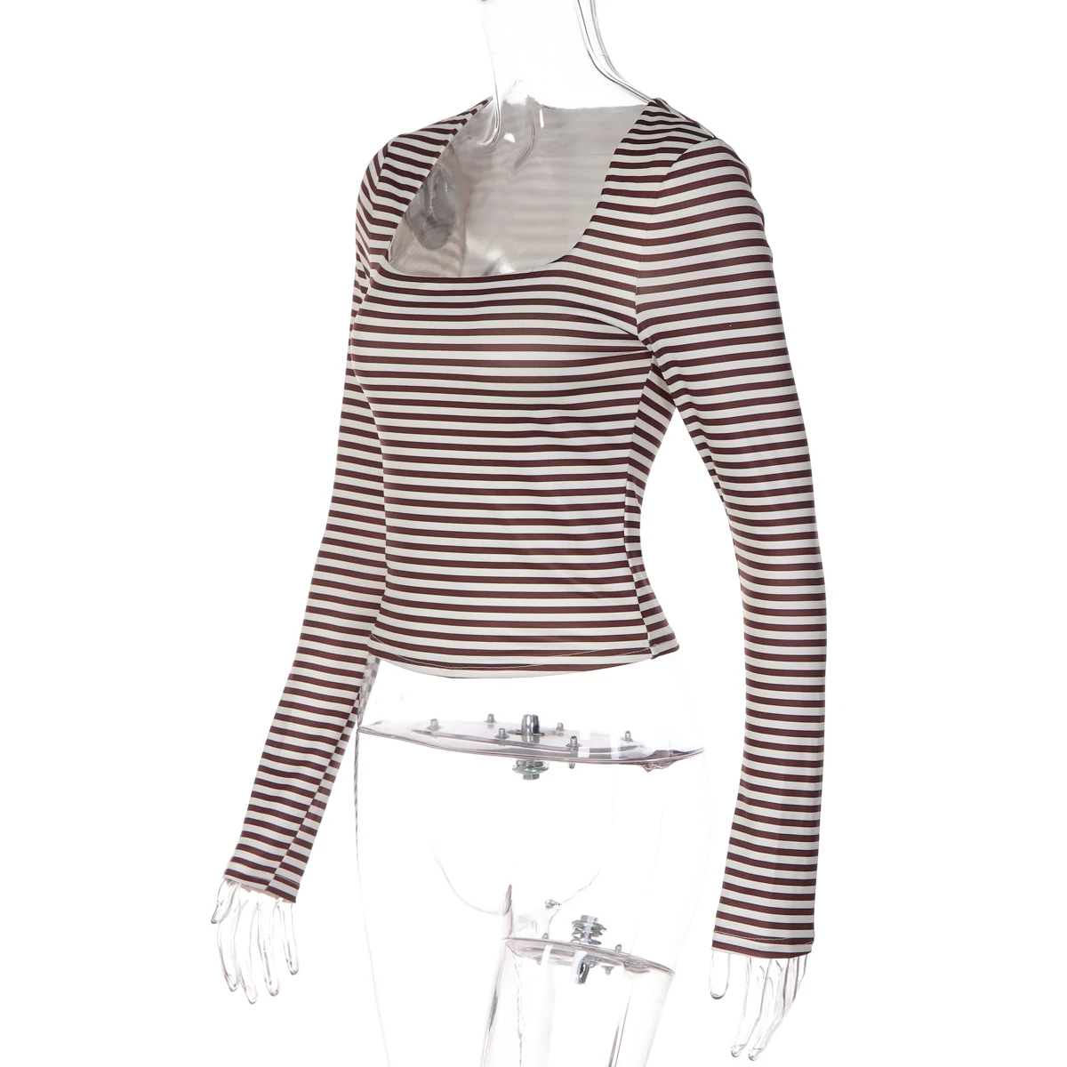 Hugcitar Gestreiftes Crop-Top mit Quadratischem Kragen und Langen Ärmeln, Sexy Damen-Mode-Outfit für Herbst, Streetwear, Party-T-Shirts, Großhandel – Detail 3