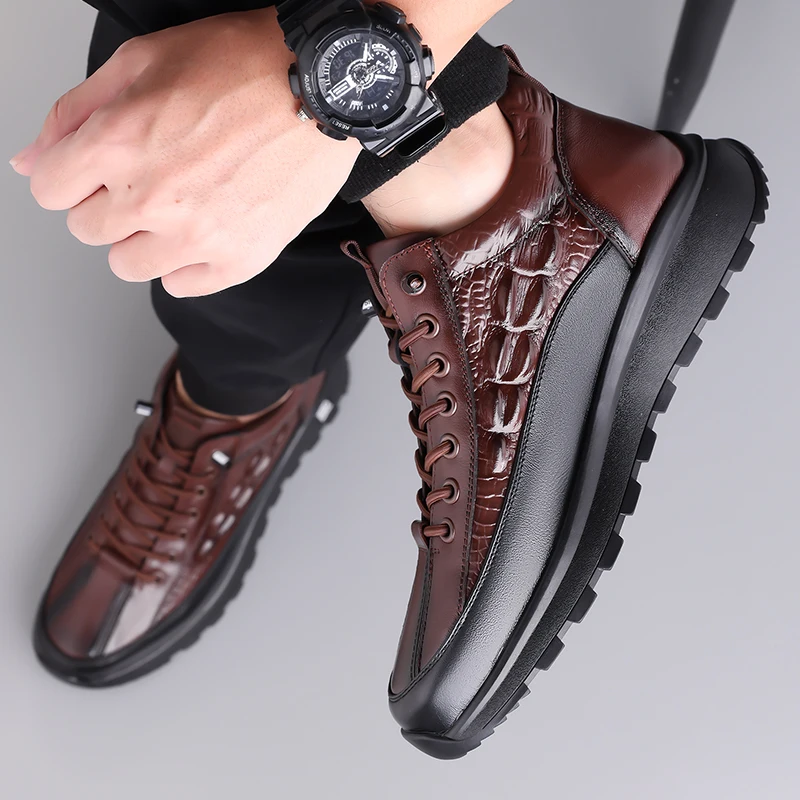 

Winter Men Top Layer Genuine Leather Crocodile Pattern Northeast Cashmere Snow Boots Fashionable Lace Up Plush Warm Cotton Shoes