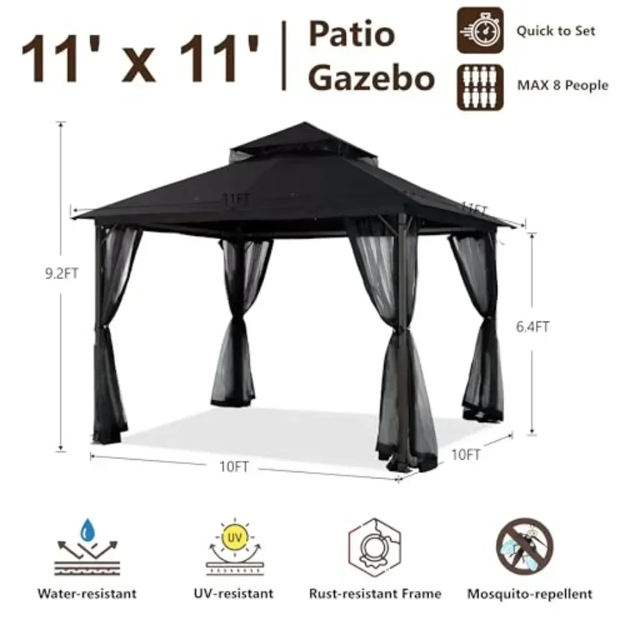 Outdoor Patio Gazebo with Double Roofs Stable Steel Fe and Mosquito Netting in Beige for Sun Protection and Insect Shield