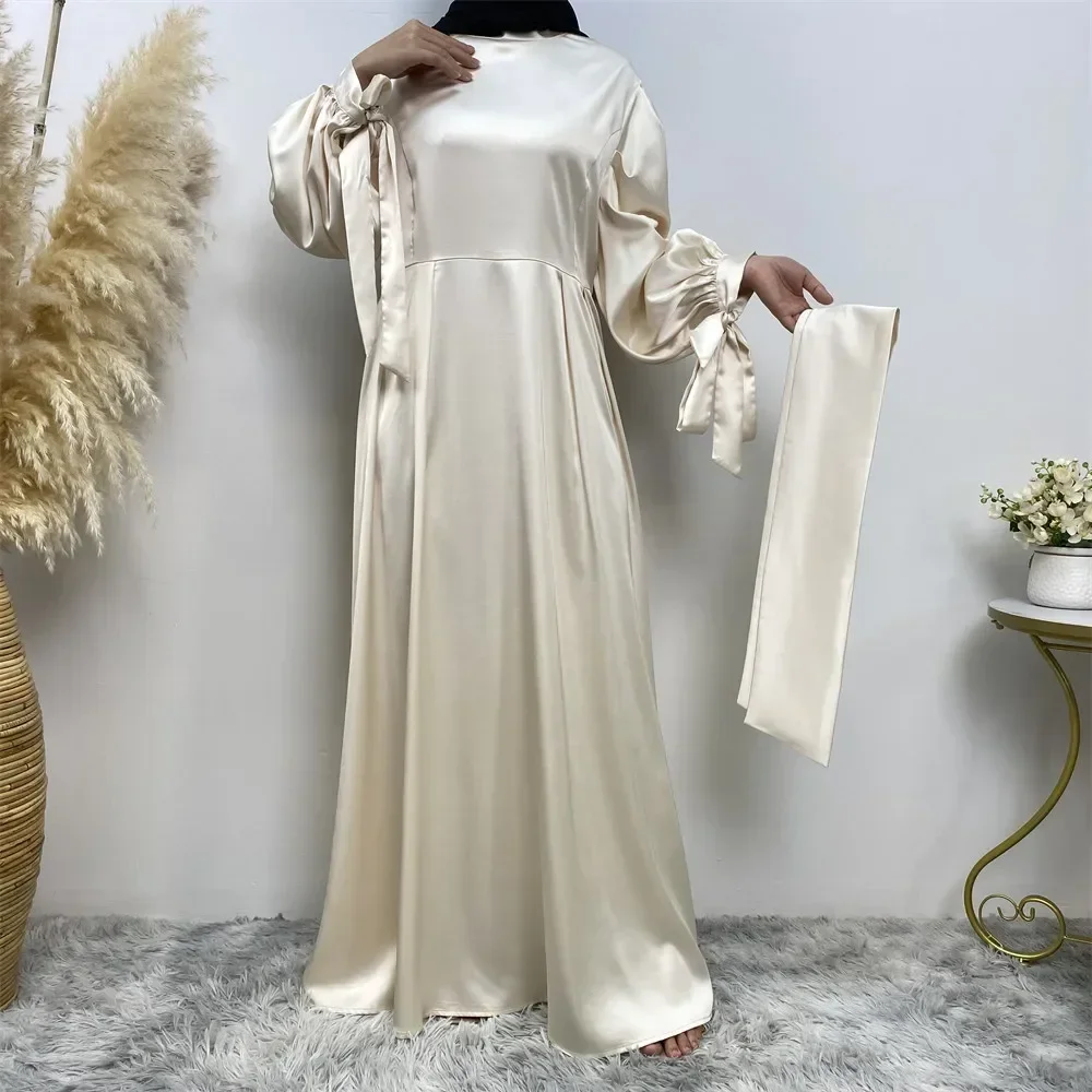 2023 Woman Muslim Ababya Muslim Cardigan Dress Woman Dress Fashion Simple Solid Color Thick Satin Lace-up Sleeve Elegant Dress