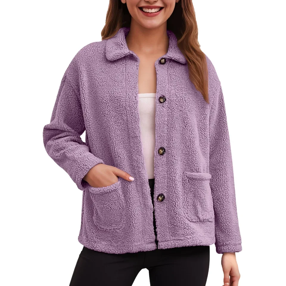 Women Solid Color Single Breasted Plush Hooded Sweatshirt Fashionable Cardigan Coat Loose Windbreaker Jackets