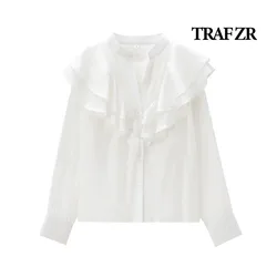 TRAF ZR White Blouses for Lady Long Sleeve Shirt Summer Y2K Tops Harajuku Fashion Ruffled Shirt Elegant Women's Luxury Blouses