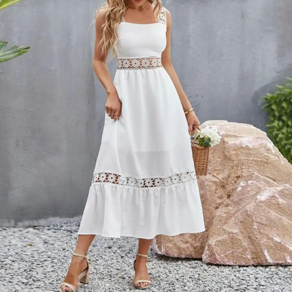 

Summer Boho Long Dress Women Elegant Beach Sundress Sexy Sleeveless Backless Hollow Out Lace Dresses Ladies Party Evening Dress