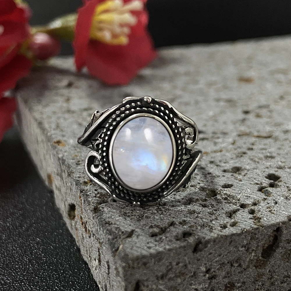 

925 Sterling Silver Women's Ring with Oval Natural Moonstone Kyanite Stone Vintage Jine Jewelry Gifts Rings for Women