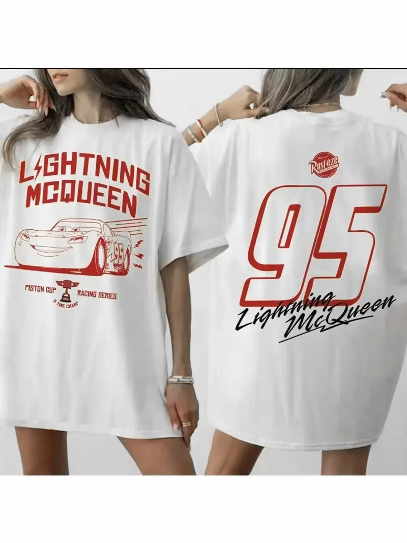 

Summer 2025 Disney Car Lightning McQueen Print T-shirt cotton casual oversized short-sleeved streetwear, unisex