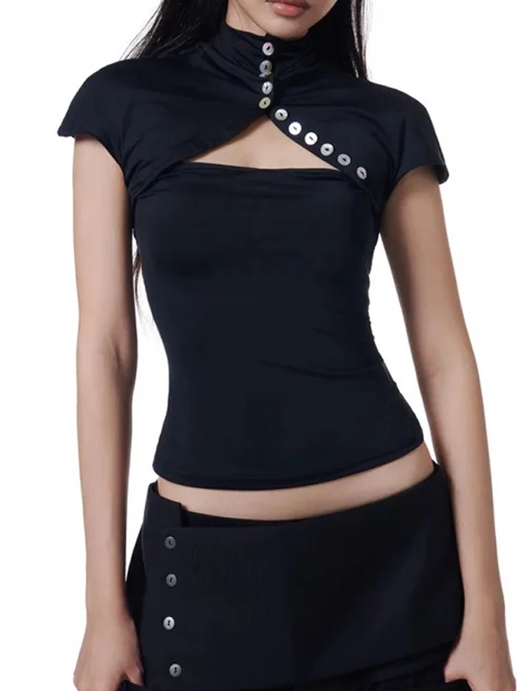 Summer women's solid color black Y2K Gothic subculture party button up collar short sleeved front hollow backless top