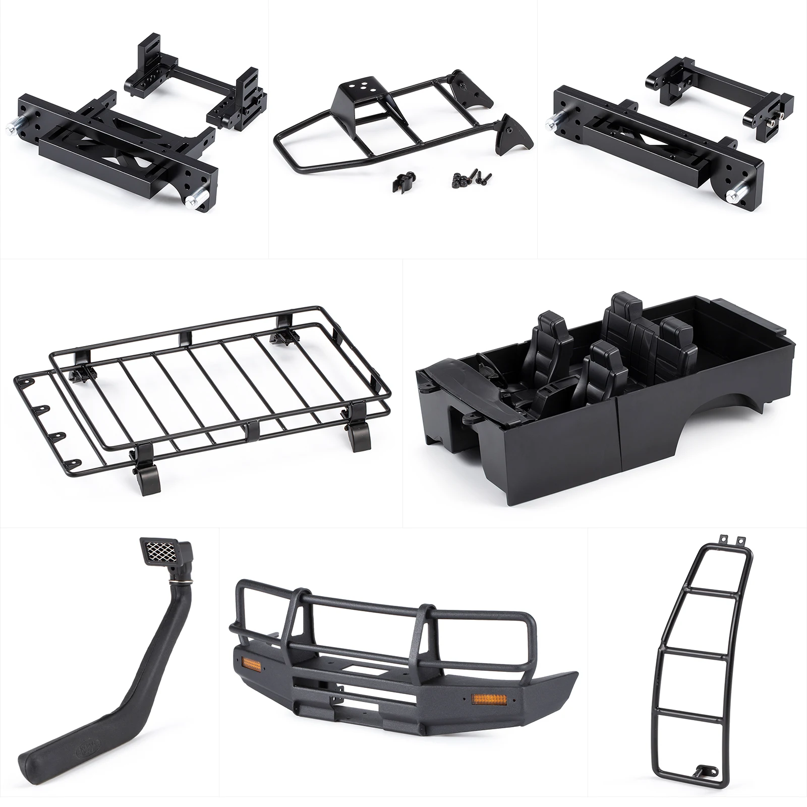 1/10 RC Crawler LC80 Interior Body Mount Bull Bar Bumper Roof Rack Snorkel Ladder Tire Carrier Lights for SCX10 TRX4 Redcat GEN8