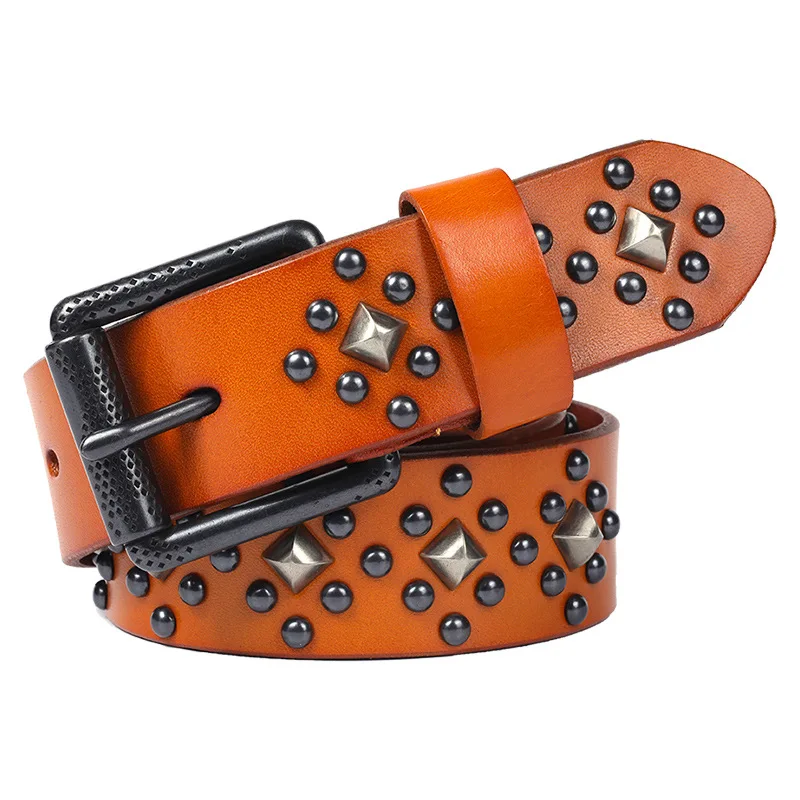 personalized rivet head layer cowhide belt with needle buckle punk style sweet and cool real leather belt for men and women