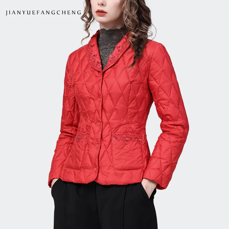 Doudoune brodée à col en v pour femme, manteau en coton rembourré, chaud, épais, Slim, court, rouge, en duvet de canard, 2022