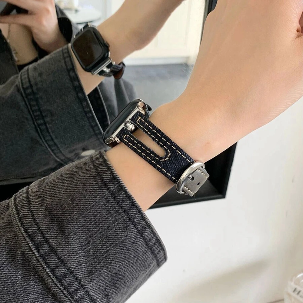 خمر الدنيم ل سوار ساعة أبل للنساء 38 مللي متر 40 مللي متر 41 مللي متر 42 مللي متر 44 مللي متر 45 مللي متر 46 مللي متر 49 مللي متر ، حزام ل سوار ساعة أبل الترا 10/9/8/7