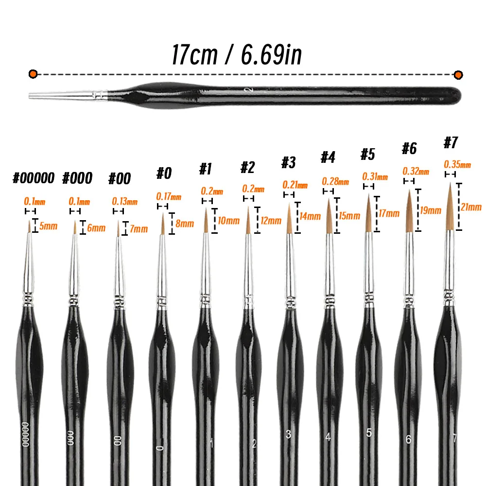 11 Size 00000-7 Fine Black Tip Paint Brush Set for Acrylic Models Mini Miniature Detail Nylon Hair Thin Extra Fine Paintbrushes