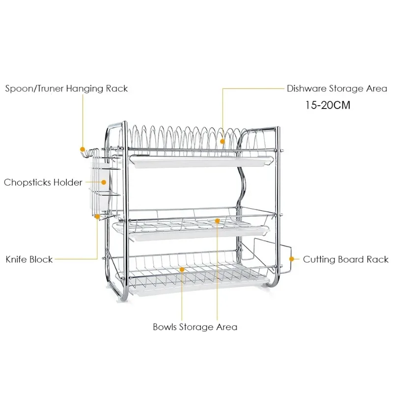 3-Tier Dish Drying Rack Kitchen Dish Organizer Storage Shelf Rust-Proof Draining Rack with Chopsticks/Knives/Cutting Board Holde