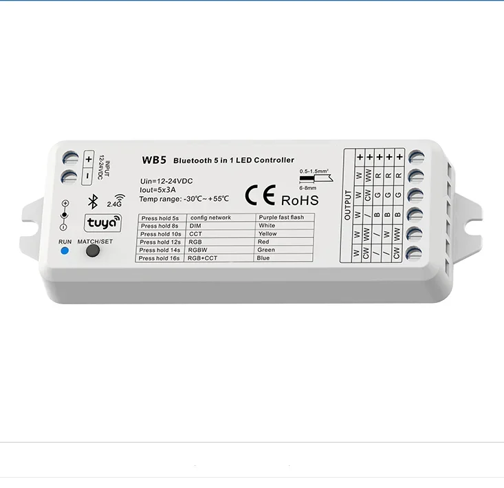 Controle remoto sem fio RF LED Controller, 5 em 1, RGB, RGBW, RGB + CCT, temperatura de cor, única cor, WB5, DC12-24V