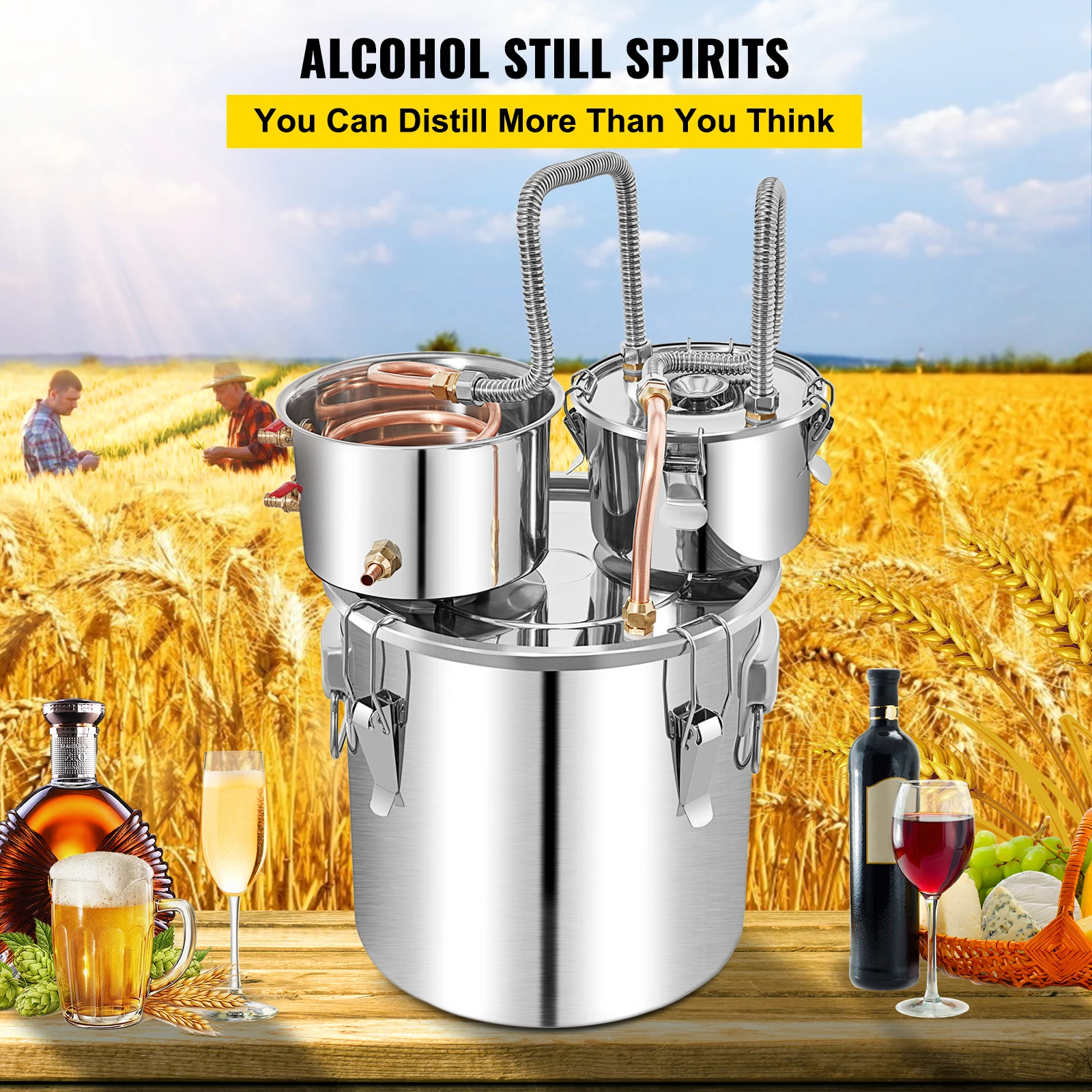 Alcohol Still, 13.2Gal / 50L Stainless Steel Water Alcohol Distiller Copper Tube Home Brewing Kit Build-in Thermometer for DIY Whisky Wine Brandy, Silver