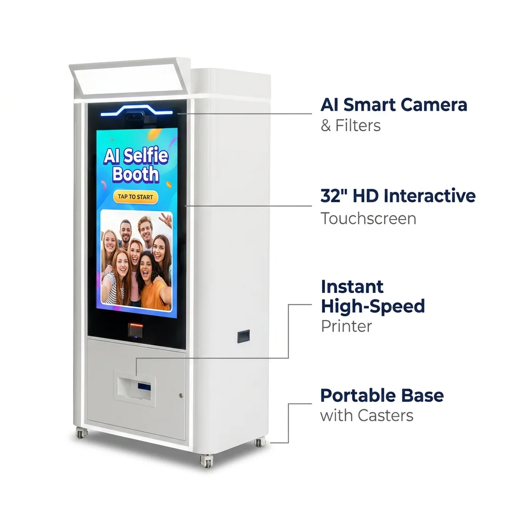 Selfie 32 Inches Touch Screen Self Service Indoor Smart Ai Digital Photo Booth Vending Kiosk Instant Photo Printing Kiosk