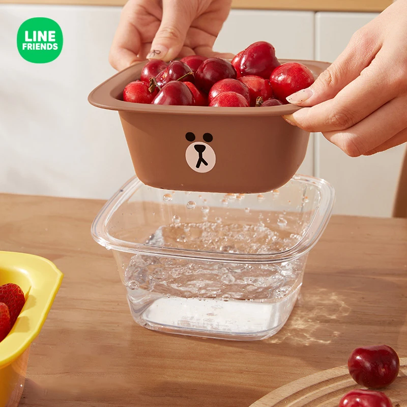 Line Friends Cartoon Brown Sally Kitchen Fruit and Vegetable Double Layer Mini Draining Basket Kawaii Small Fruit Plate