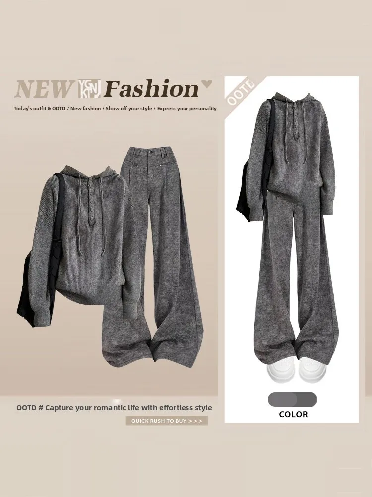 

Korean Style Grey Knitted Set Women's Winter Lazy Hat Sweatshirt High Waist Straight Leg Pants Loose Two Piece Set