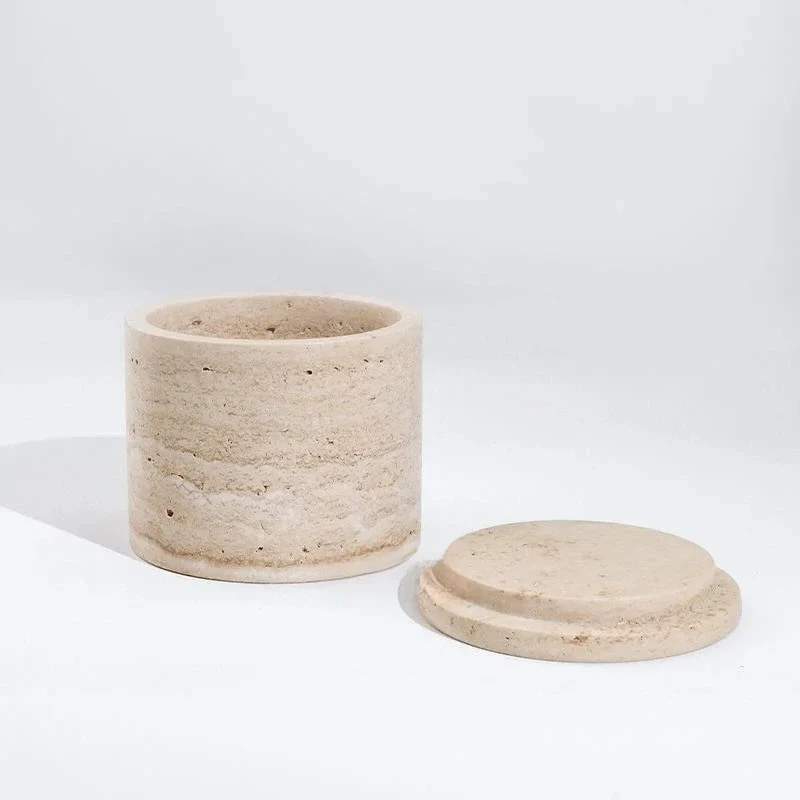 

Natural Travertine Marble Storage Jar with Lid Vintage Home Decor D10x11CM (3.94x4.33In) Beige Empty Container Canister