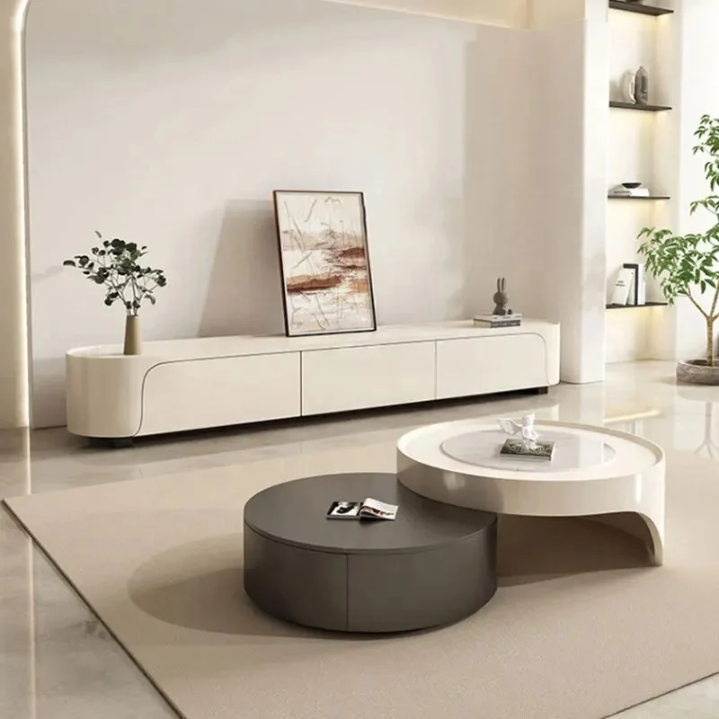 Modern light luxury round coffee table combination living room furniture telescopic coffee table and TV cabinet