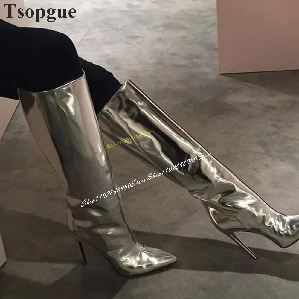 Kniehohe gold glänzende metallische Lederstiefel dünne Damenschuhe mit hohem Absatz seitlicher Reiß verschluss spitze Zehen 2024 Mode zapatos para mujere