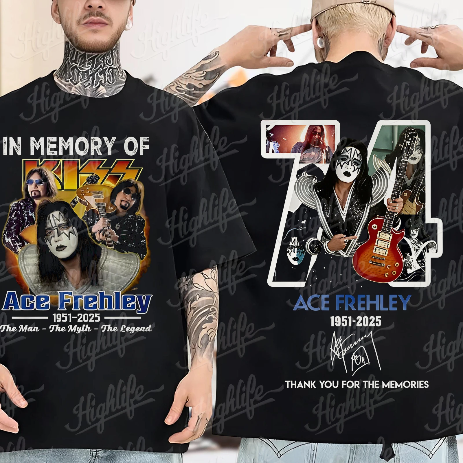 الرجال النساء جديد وصول Ace Frehley RIP 1951 2025 تي شيرت قبلة الفرقة رائد الفضاء المحملة تحية 2 الوجهين قميص شكرا لك على الذكريات