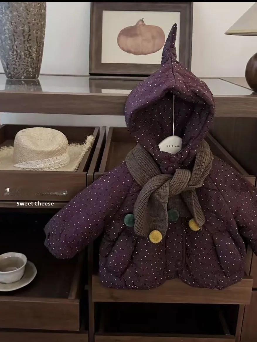 

Зимняя одежда для девочек, хлопковое Jaet, новинка 2025, корейское теплое хлопковое пальто средней длины в горошек для детей