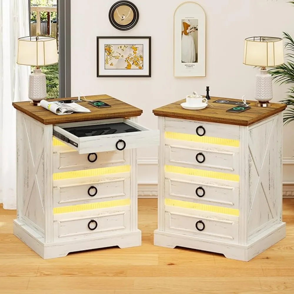 

A set of two bedside tables, LED bedside table with gun drawer, farmhouse bedside table in bedroom and living room