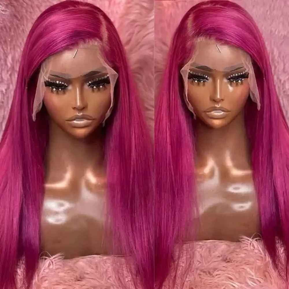 

Розово-красный парик с кружевной передней частью, длинные прямые волосы, цвет розового золота, без клея, термостойкий, синтетический парик с кружевом для модных женщин, 24 дюйма