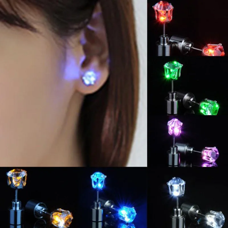 2Pcs A Pair of LED Earrings Glowing Crown Diamond Light Ear Studs Pendant Stud Stainless Multicolor Party Christmas Holiday Gift