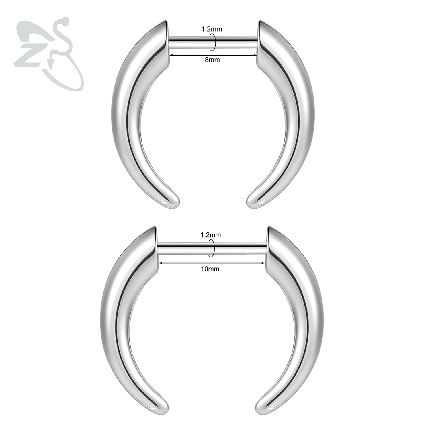 ZS 1 Piece 16G Threadless Stainless Steel Nose Ring Unisex Horn Shape Septum Piercings 8/10MM Ear Helix Nostril Piercing Jewelry