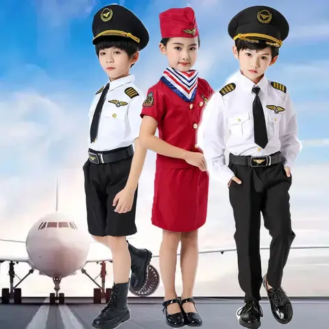 Kids Air Force Pilot Uniform Cosplay Boys Girls Flight Attendant Costume Holiday Party Airplane Aircraft Pilot Show Outfits