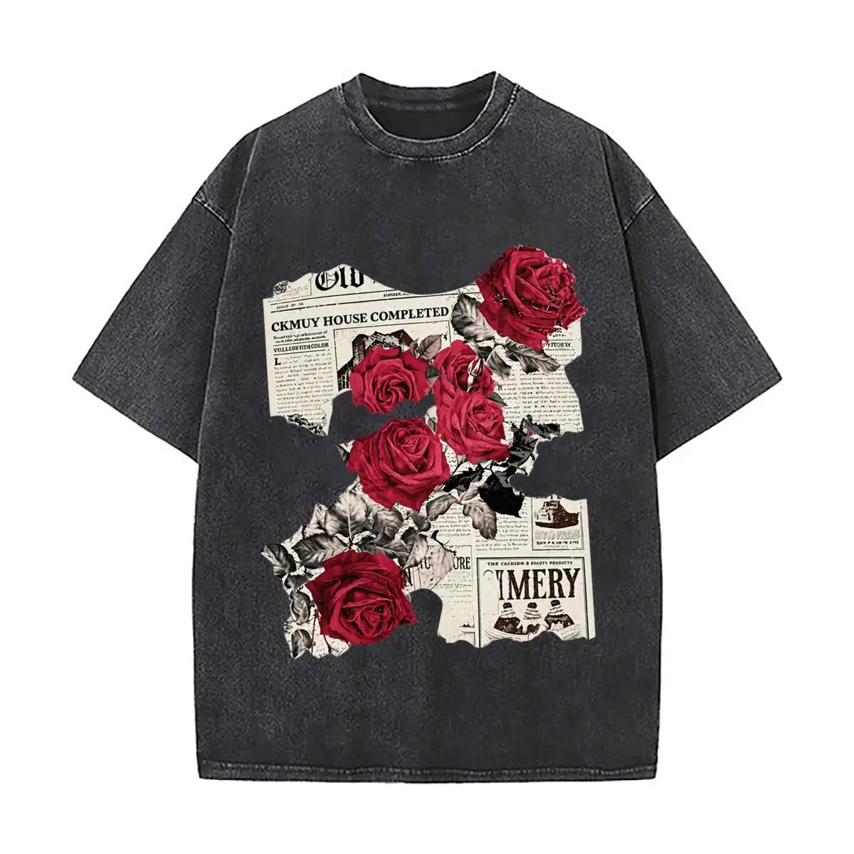 CKMUY House Completed Red Roses Vintage Newspaper Collage Distressed Faded Baggy Streetwear Tops for Park Hangouts
