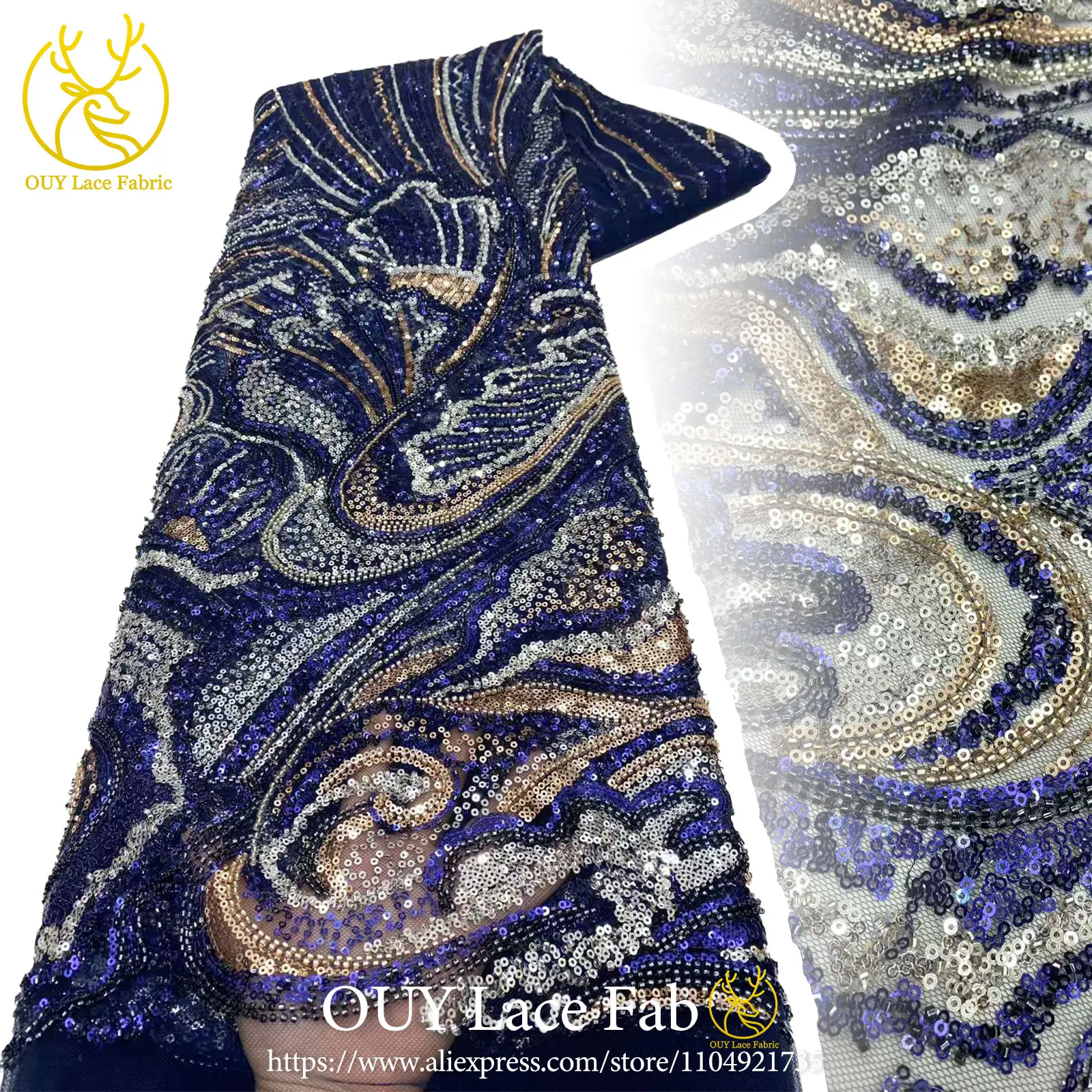 2026 African Beaded Sequin Lace Fabric High-Quality Nigerian Tulle Lace Fabric Suitable for Wedding Dress Sewing Material 5Yards