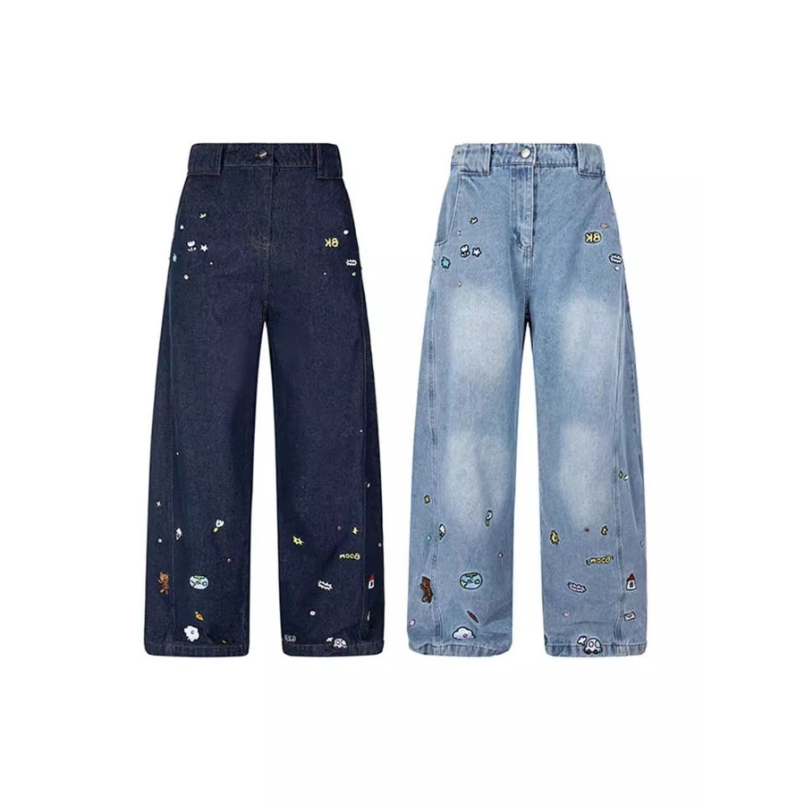 Women's Vintage Cartoon Embroidery Curved Jeans Girl Street Wide Leg Pants High Waisted Baggy Trousers Female Unisex Sweatpants