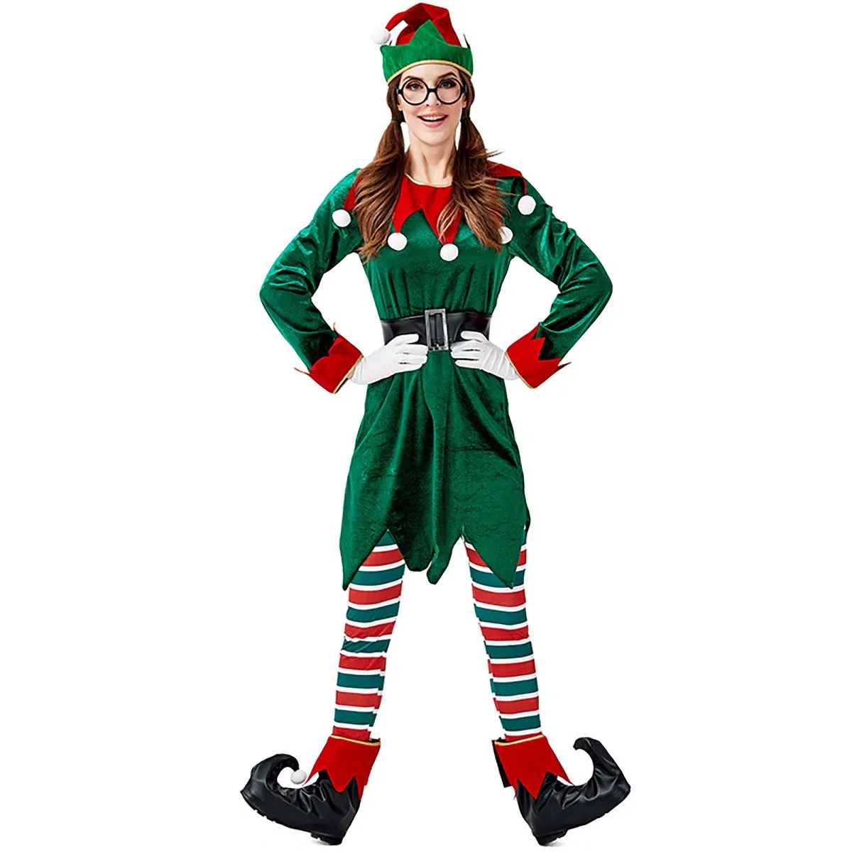 

Adult Women Xmas Fancy Holiday Party Cosplay Green Elf Velvet Dress Suit